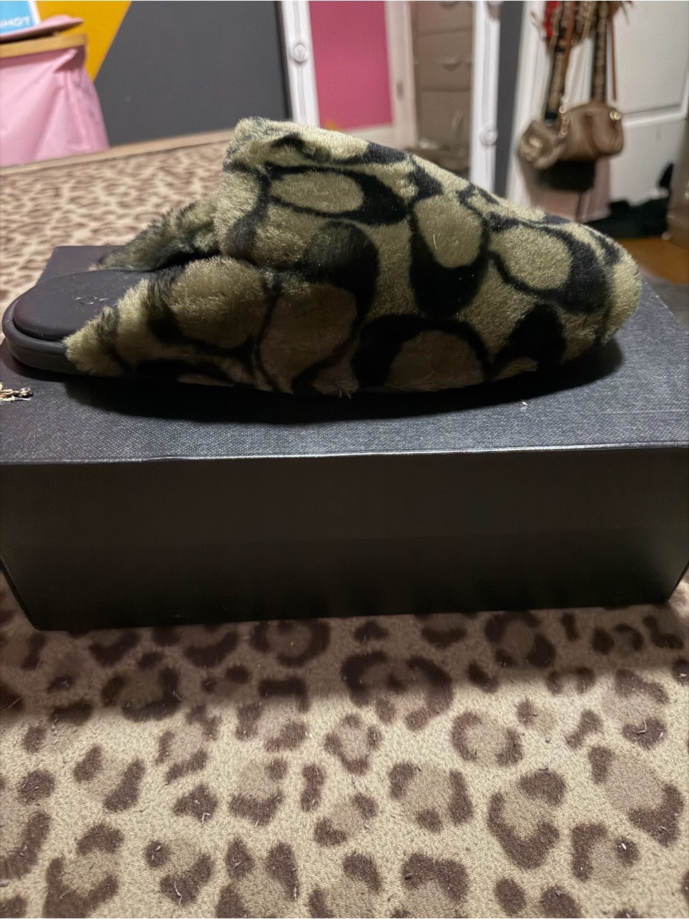 Coach Olive Green and Black Faux-Fur Slide Mule